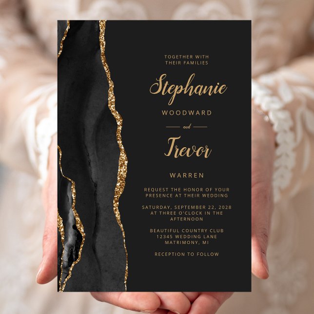 Modern Black Guld Agate Mörk Bröllop Inbjudningar (Skapare uppladdad)