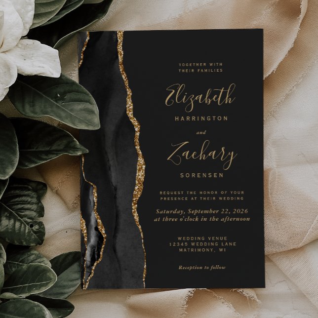 Modern Black Guld Agate Mörk Bröllop Inbjudningar (Skapare uppladdad)