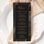 Modern Black Guld Agate Mörk Bröllop Meny<br><div class="desc">Den här eleganten har den moderna bröllop-menyn en vattenfärgssvart bakgrund med svart bakgrund som trimmas med guld faux glitter. Texten visas i handstil för elegant guld färgad och typsnitt för tryckplåt på en svartvit rektangel. Den agate-designen upprepas på motsatt sida.</div>