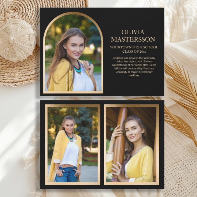 Modern Black Guld Arch Studenten 3-Photo Meddelande (Modern, elegant black and gold 3-photo graduation announcement card)