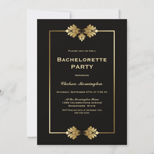 Modern Black Guld Bachelorette Party Inbjudningar (Framsida)
