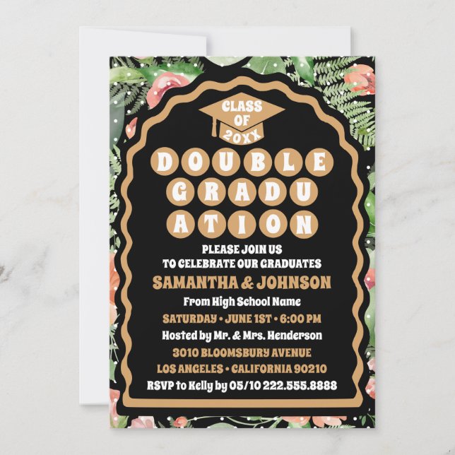 Modern Black Guld Blommigt Arch Dubbla Studenten Inbjudningar (Framsida)