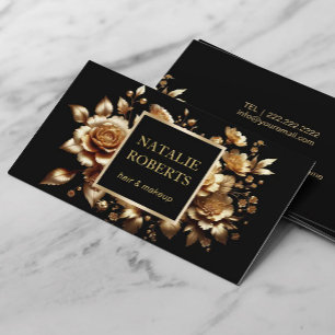 Modern Black & Guld Blommigt Beauty Salon Luxury Visitkort