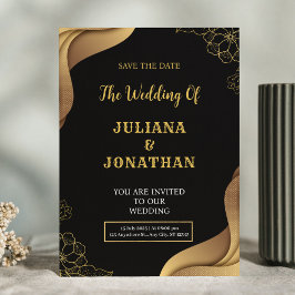 Modern Black Guld Blommigt Elegant bröllop Inbjudningar