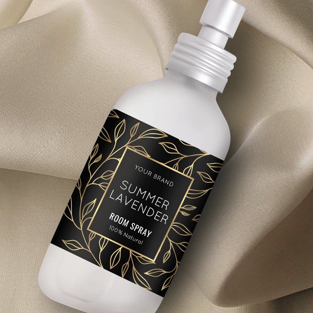 Modern Black & Guld Blommigt Room Spray Flaska-eti Fraktsedel (elegant black and gold floral design air freshener bottle label template)