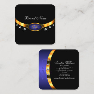 Modern Black Guld Blue med Initialer och diamanter Fyrkantigt Visitkort