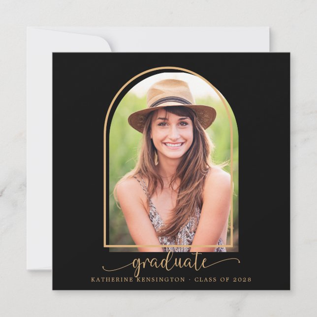 Modern Black Guld Boho Arch Photo Studenten Inbjudningar (Framsida)