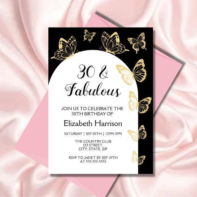 Modern Black Guld Butterflies Fabulous Birthday Inbjudningar (Skapare uppladdad)