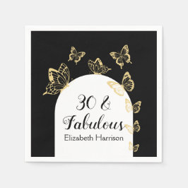 Modern Black Guld Butterflies Fabulous Birthday Pappersservett