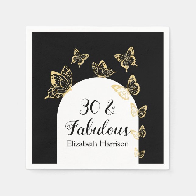 Modern Black Guld Butterflies Fabulous Birthday Pappersservett (Framsidan)