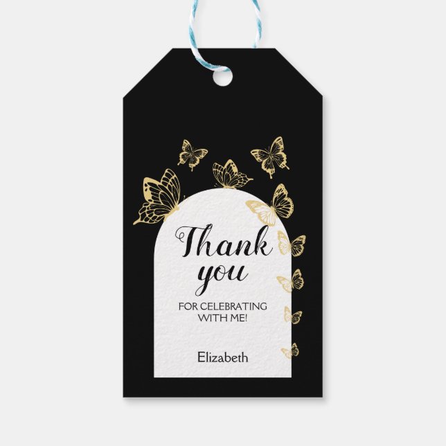 Modern Black Guld Butterflies Fabulous Birthday Presentetikett (Baksidan)