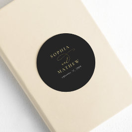 Modern Black Guld Calligraphy Bröllop Runt Klistermärke