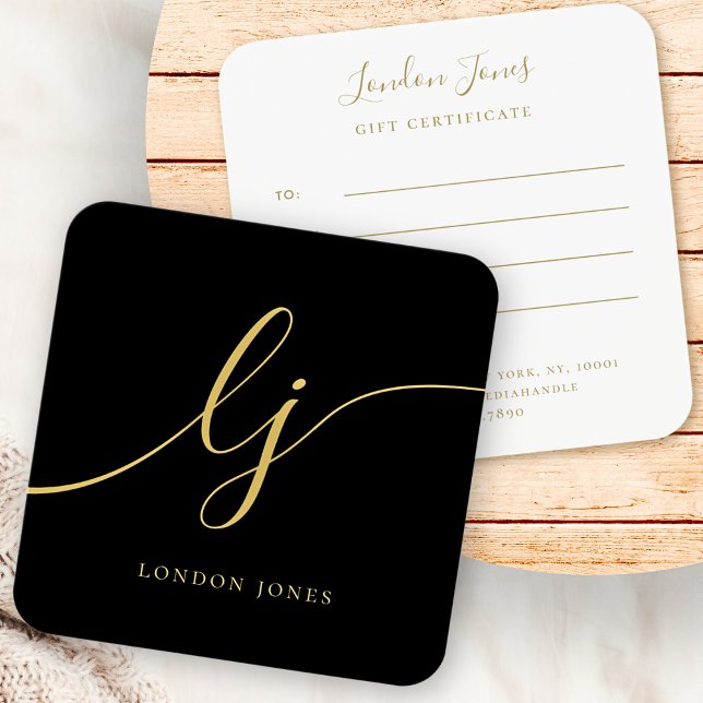 Modern Black Guld Calligraphy Gift Certificate Fyrkantigt Visitkort (Skapare uppladdad)