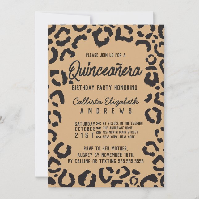 Modern Black Guld Cheetah Leopard Quinceañera Inbjudningar (Framsida)