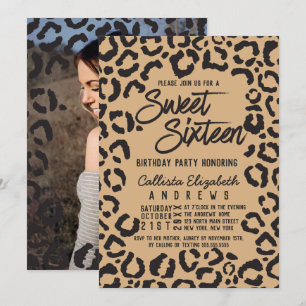 Modern Black Guld Cheetah Leopard Sweet 16 Photo Inbjudningar