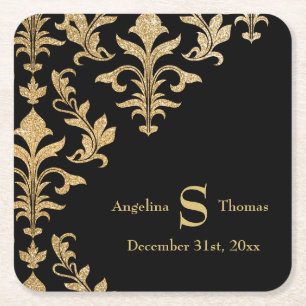 Modern Black Guld Damask Wedding Reception Decor P Underlägg Papper Kvadrat