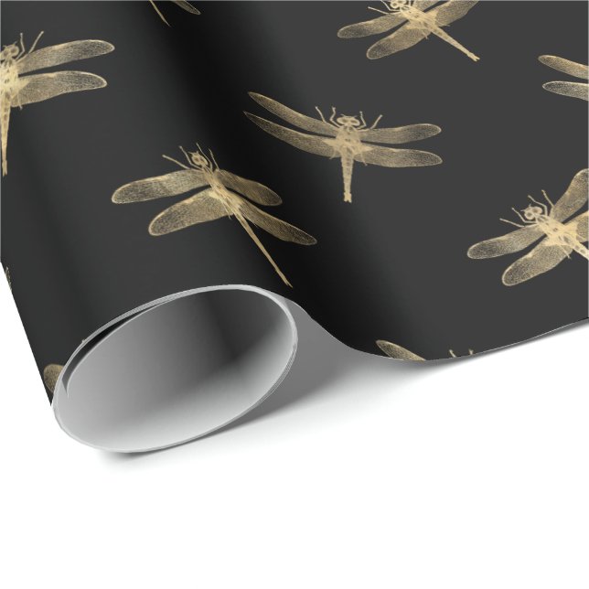 Modern Black Guld Dragonfly Mönster Presentpapper (Rullad Hörn)