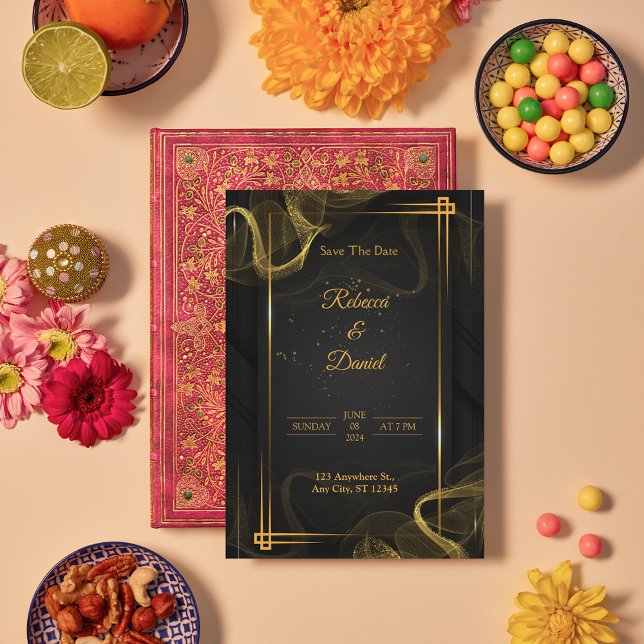 Modern Black & Guld Elegant bröllop sparar datum Tack Kort (Modern Black and Gold wedding Save the dates)