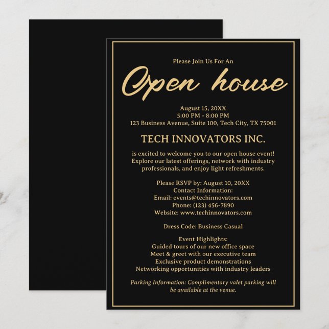 Modern Black & Guld Elegant Business Open House Inbjudningar (Fram/baksida)