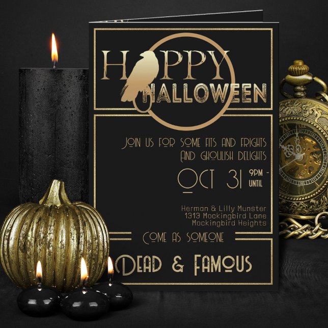 Modern Black Guld Elegant Vuxen Halloween fest Inbjudan (elegant black and gold folded Halloween invitations)