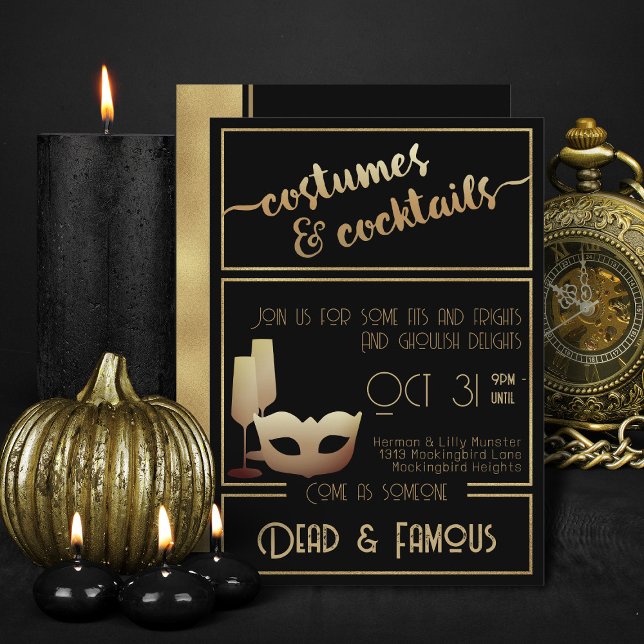 Modern Black Guld Elegant Vuxen Halloween fest Inbjudningar (Black and gold costumes and cocktails halloween invitations)