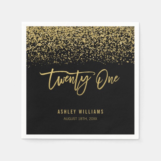 Modern Black Guld Faux Glitter 21:a födelsedagen Pappersservett (Framsidan)