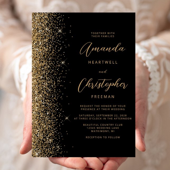 Modern Black Guld Faux Glitter-skript Bröllop Inbjudningar (Skapare uppladdad)