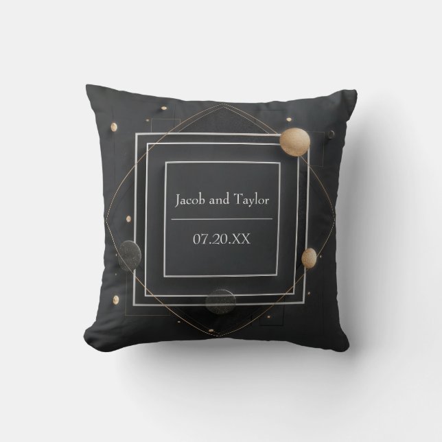 Modern Black & Guld Geometric Ram Bröllop Kudde (Framsida)