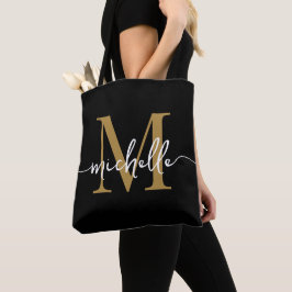 Modern Black Guld Girly Chic Monogram Namn Tygkasse