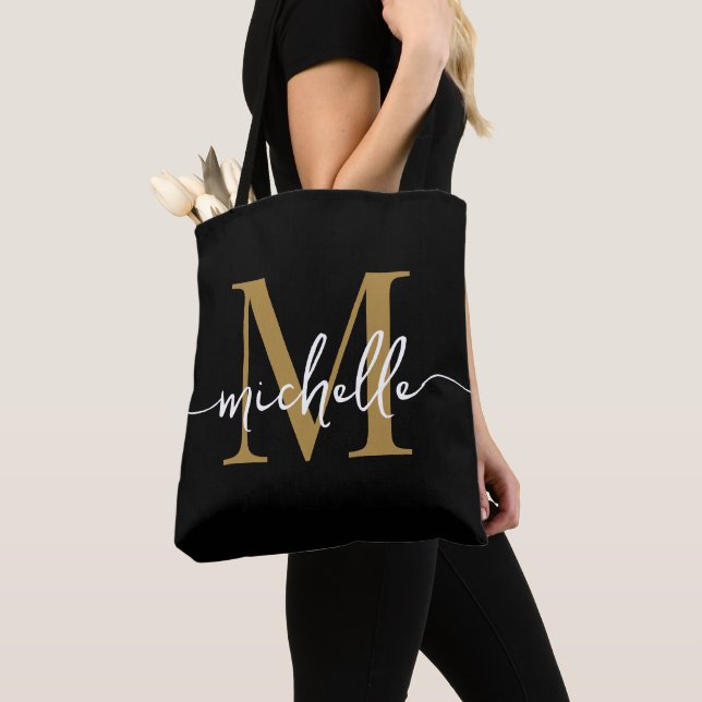Modern Black Guld Girly Chic Monogram Namn Tygkasse (Närbild)