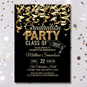Modern Black Guld Glitter 2024-Studentfesten Inbjudningar