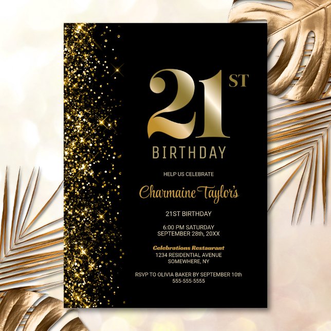 Modern Black Guld Glitter 21:a födelsedagen Party Inbjudningar (Skapare uppladdad)