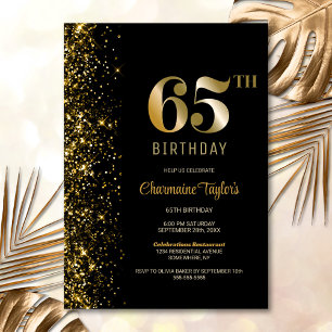 Modern Black Guld Glitter 65e Födelsedagsfest Inbjudningar