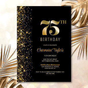 Modern Black Guld Glitter 75:e Födelsedagsfest Inbjudningar