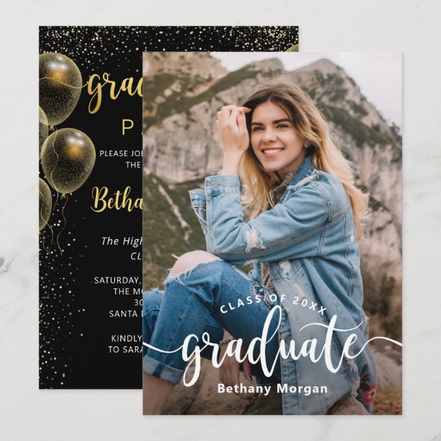 Modern Black Guld Glitter Balloon Studenten Photo Inbjudningar (Fram/baksida)