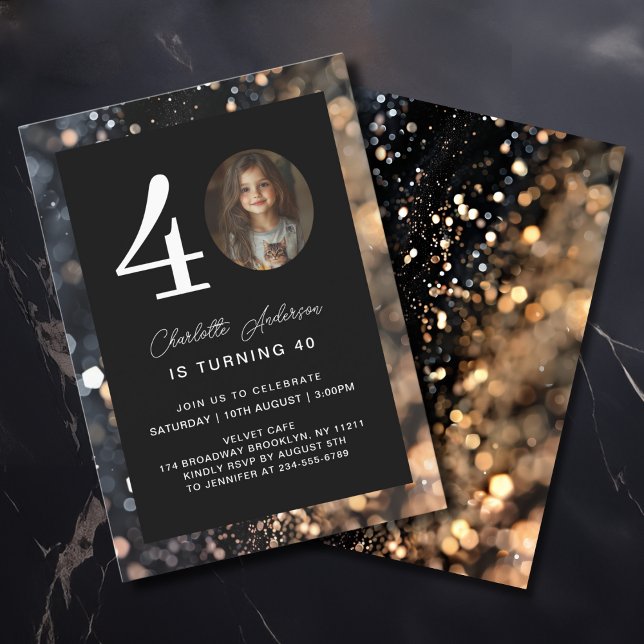 Modern, Black, Guld, Glitter, Foto, 40. Födelsedag Inbjudningar (Modern, Black, Gold, Glitter, Photo, 40. Birthday Invitation)