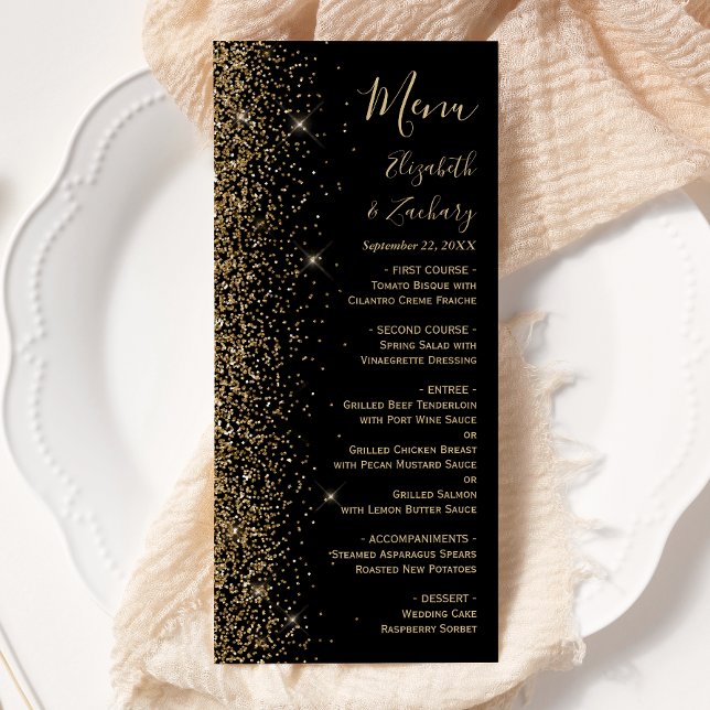Modern Black Guld Glitter Kant Bröllop Meny (Skapare uppladdad)