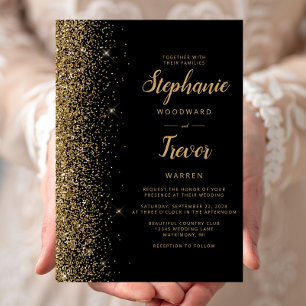 Modern Black Guld Glitter Push Script Bröllop Inbjudningar