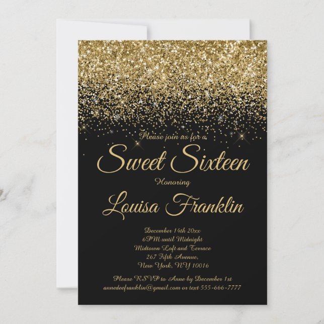 Modern Black & Guld Glitter Sweet 16-inbjudan Inbjudningar (Framsida)
