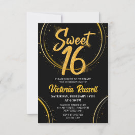 Modern Black & Guld Glitter Typography Sweet 16 Inbjudningar