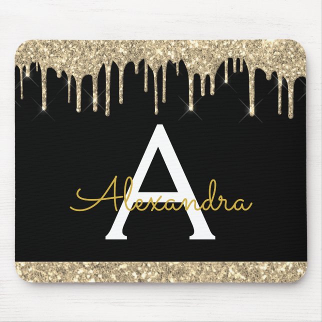Modern Black Guld Gnistra Glitter Monogrammed Musmatta (Framsidan)