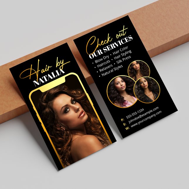 Modern Black Guld Gnistra Photo Hairstylist Visitkort (Skapare uppladdad)