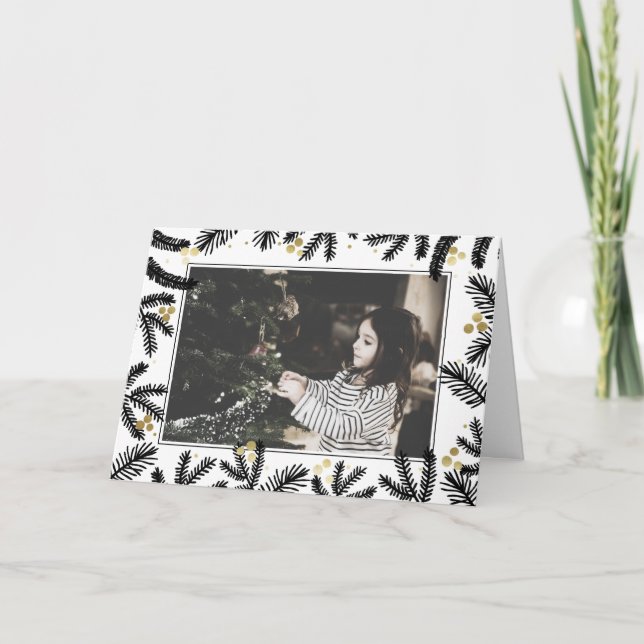 Modern Black & Guld Gräs och Berries Helgdag Photo Kort (Framsida)