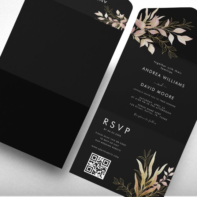 Modern Black & Guld Greenery QR Code OSA Bröllop (Skapare uppladdad)