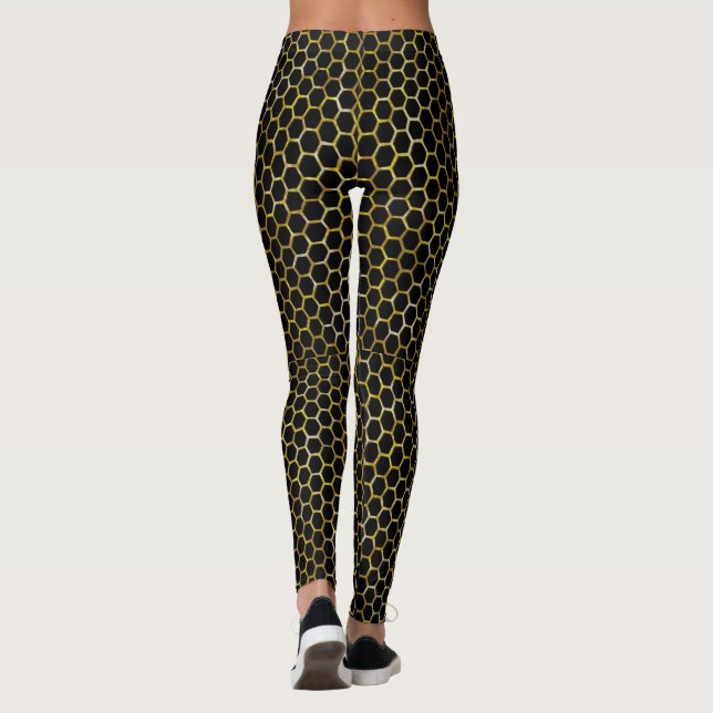 Modern Black Guld Hexagon Beehive Abstrakt Mönster Leggings (Baksida)
