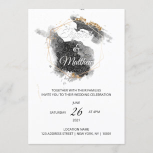 Modern Black & Guld Hexagon Watercolor Bröllop Inbjudningar
