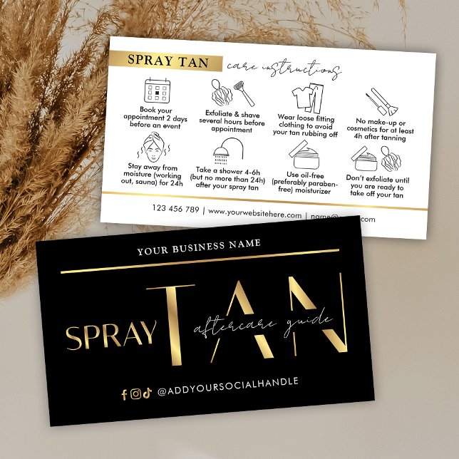 Modern Black & Guld i handbok för eftervård av spr Visitkort (Modern black and gold spray tanning aftercare cards with icons)