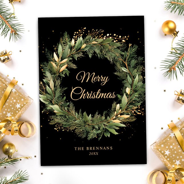 Modern Black Guld jul Grey Botanical Julkort (Modern Black Gold Christmas Greenery Botanical Holiday Card)