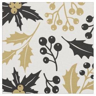 Modern Black Guld jul Holly Berries Mönster Tyg