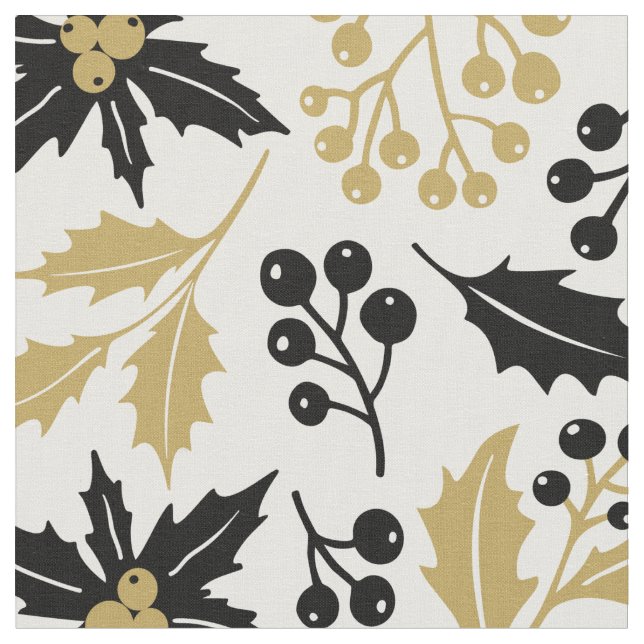 Modern Black Guld jul Holly Berries Mönster Tyg (Närbild)